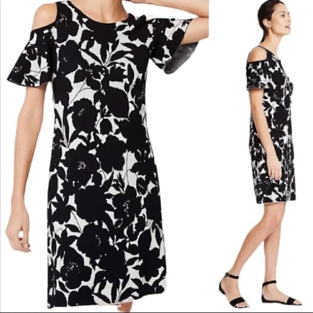 Ann Taylor Black & White Floral Cold Shoulder Shift Dress Size Petite M